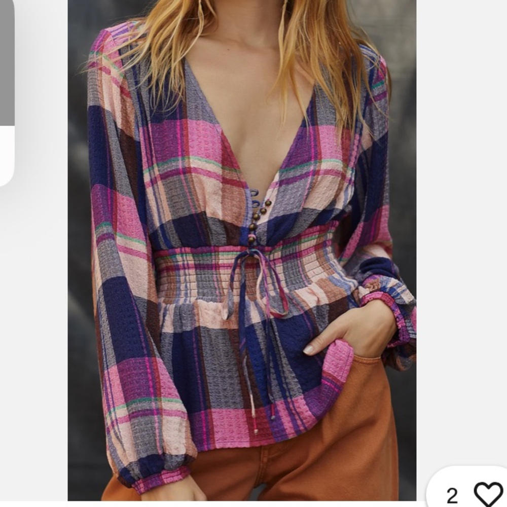 Anthropologie Pilcro Plaid Blouse Top V Neck Large Boho Classic Colorful